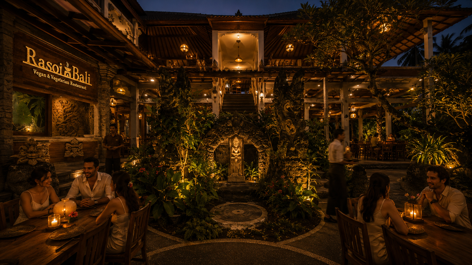 The candle-lit courtyard of Rasoi Bali at dusk